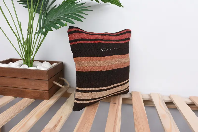 Turkish Bench Cushion Case, Cushion, 12x12 Brown Pillow Sham, Handwoven Pillow Cover Cushion, Vintage Kilim Pillow, Throw Kilim Pillow, Boho Pillow - 4