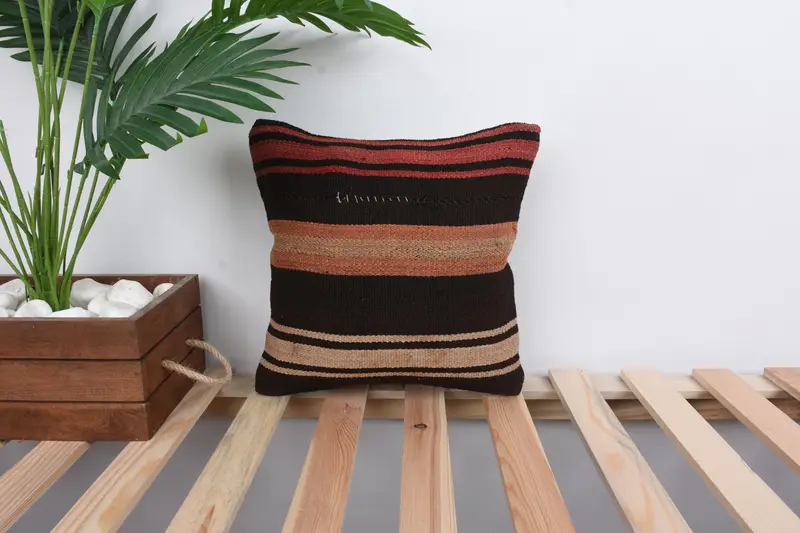 Turkish Bench Cushion Case, Cushion, 12x12 Brown Pillow Sham, Handwoven Pillow Cover Cushion, Vintage Kilim Pillow, Throw Kilim Pillow, Boho Pillow - 1