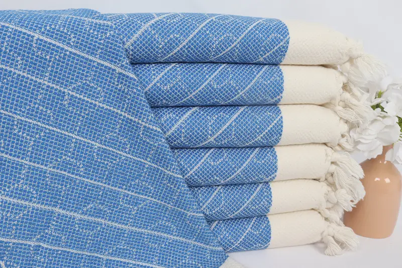 Geometric Hand Towel Sax Blue Turkish Cotton Dish Towel, 18x36 Inches