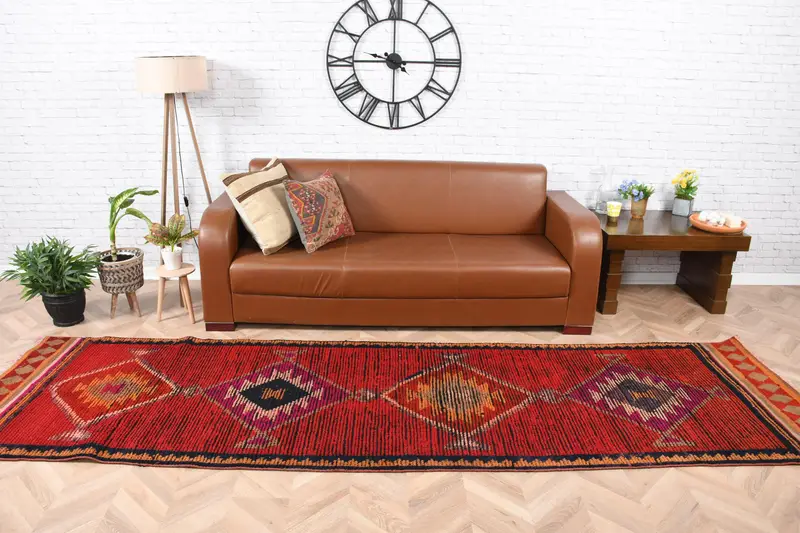 Türk Halısı, 3.2x11.6 ft Yolluk Halısı, Kırmızı Siyah Herki Yün Halı - 1