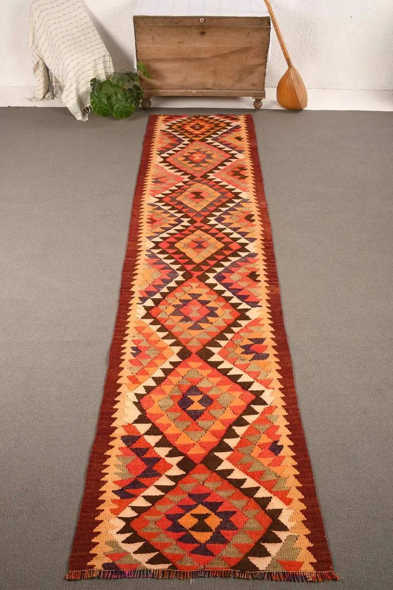 Vintage Türk Halısı, 2.9x11.3 ft Runner Halısı, Kahverengi Gökkuşağı Çizgili Yün Halı - 1