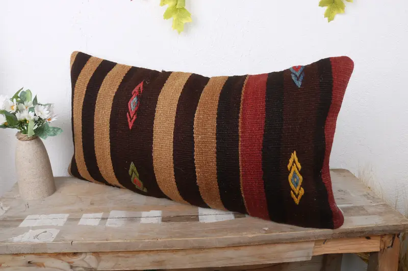 Indoor Cushion Cover, Cushion Case, Vintage Kilim Pillow, 12x24 Brown Pillow Sham, Hippie Throw Cushion, Kilim Cushion Sham, Handmade Kilim Cushion - 4