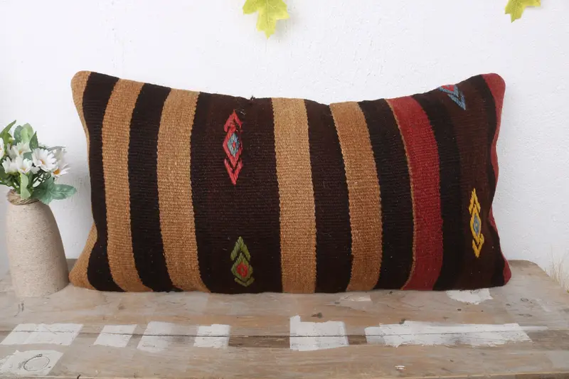 Indoor Cushion Cover, Cushion Case, Vintage Kilim Pillow, 12x24 Brown Pillow Sham, Hippie Throw Cushion, Kilim Cushion Sham, Handmade Kilim Cushion - 2