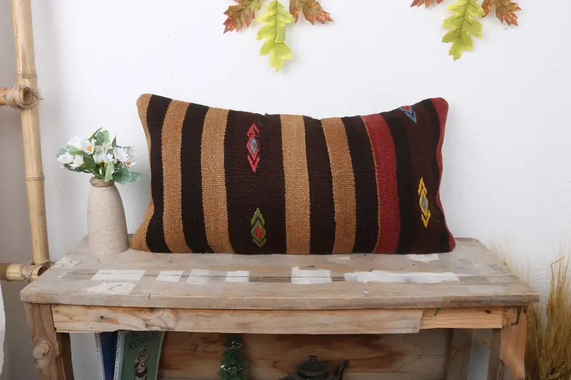 Indoor Cushion Cover, Cushion Case, Vintage Kilim Pillow, 12x24 Brown Pillow Sham, Hippie Throw Cushion, Kilim Cushion Sham, Handmade Kilim Cushion - 1