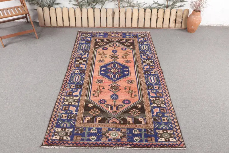 Handmade Orange & Blue Check Rug, 4.1x7 ft