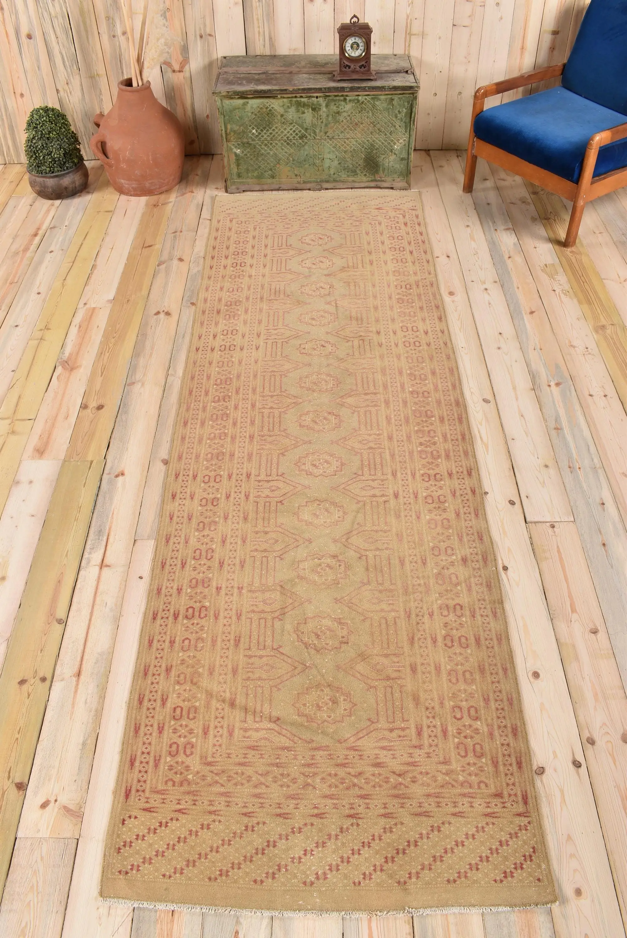 Vintage Rug, 3.3x10.1 ft Runner Turkish Rug, Brown Red Southwestern Rug - 1