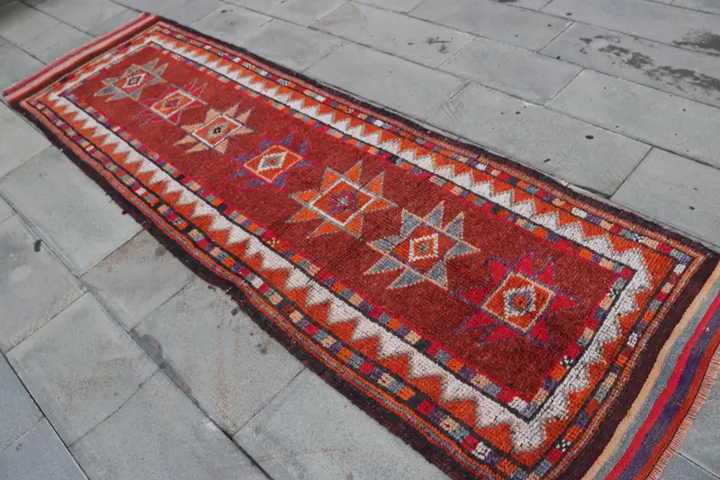 Herki Vintage Rug, 3x10.3 ft Turkish Rug, Red Solid Wool Rug - 1