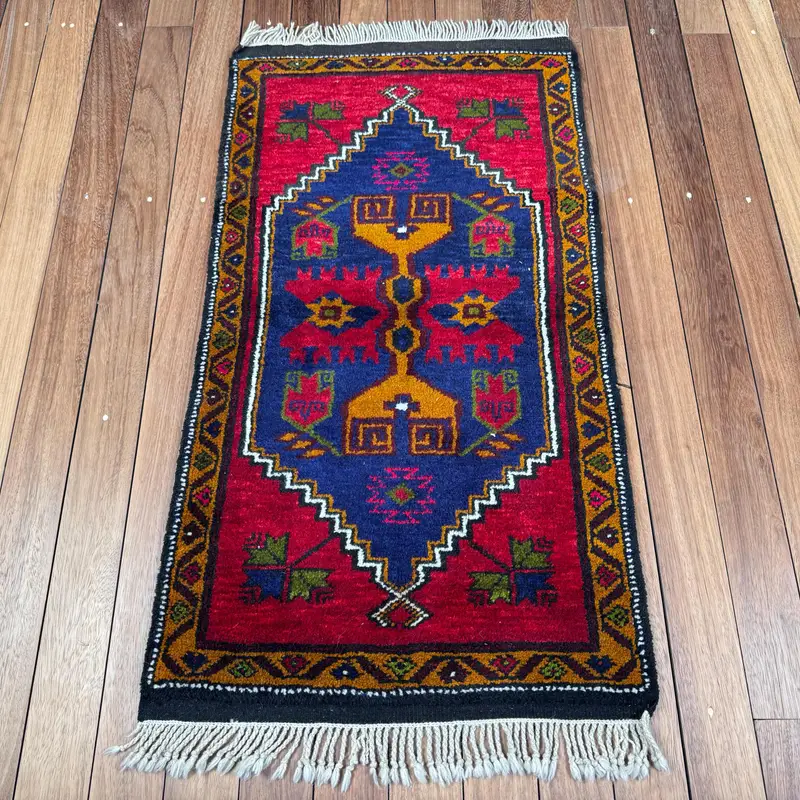 Turkish Vintage Rug 2.1x3.8 ft (64x116 cm), Oushak Red Wool Rug - 1