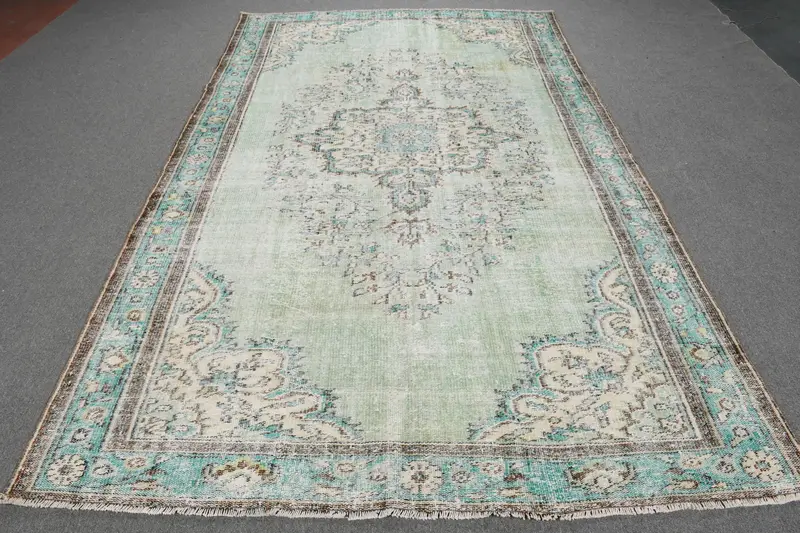 Turkish 5.9x9.8 ft Rug, Large Vintage Rug, Blue Green Floral Wool Rug - 1