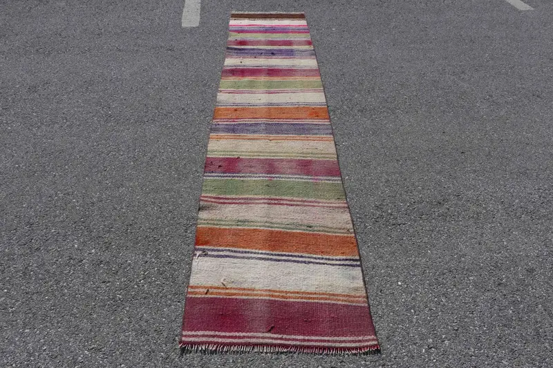 Türk 2.1x10.1 ft Halı, Kilim Vintage Halı, Kırmızı Soyut Yün Halı - 1