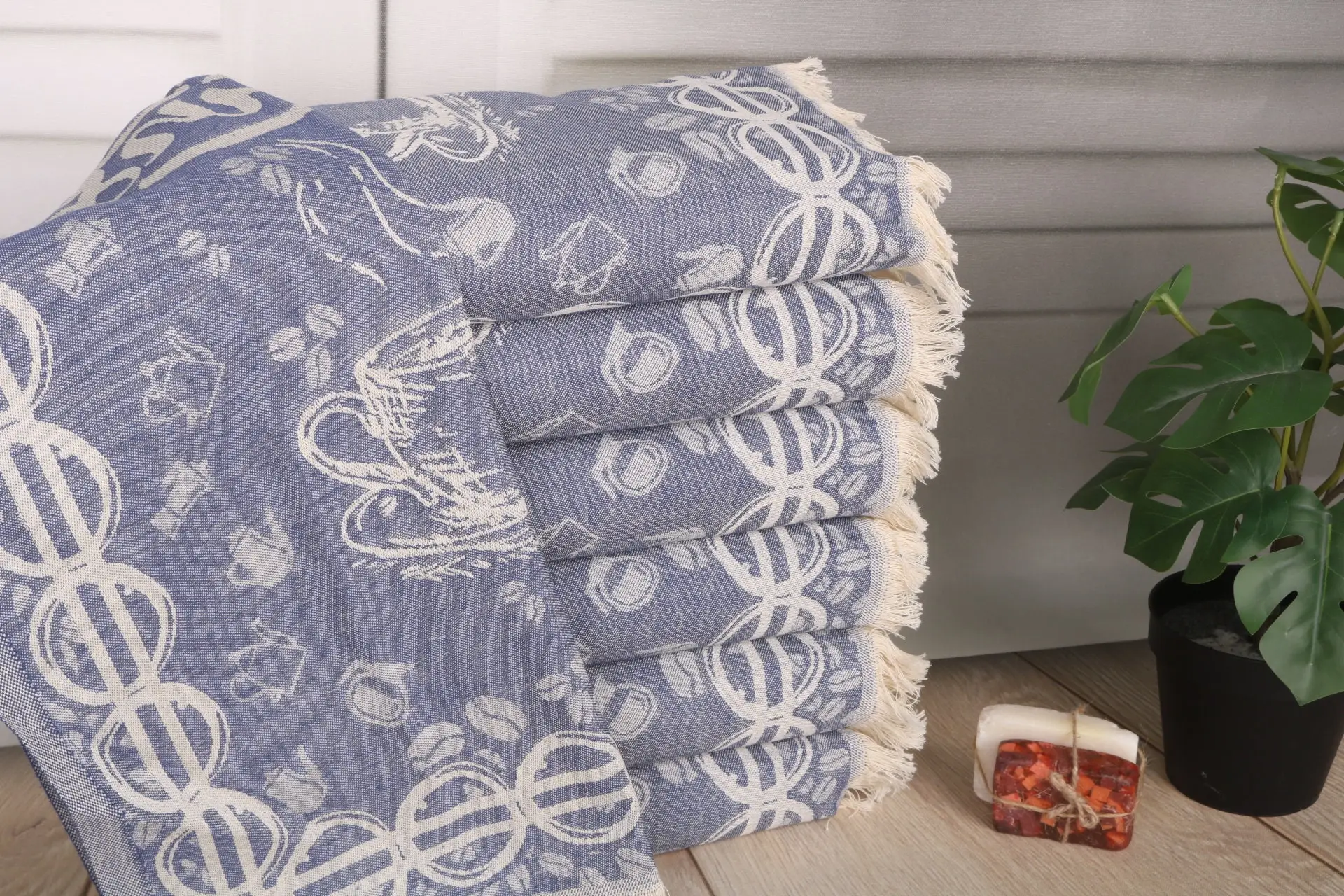 Bridesmaid Gift Light Navy Blue Coffee Pattern Hand Towel, 20x28 Inches - 1