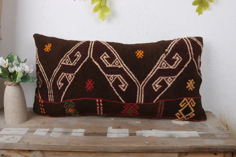 Handmade Kilim Cushion, Antique Pillows, Cushion Case, 12x24 Brown Cushion, Pillow for Couch, Seat Pillow Cover, Ikat Pillow Case - 2