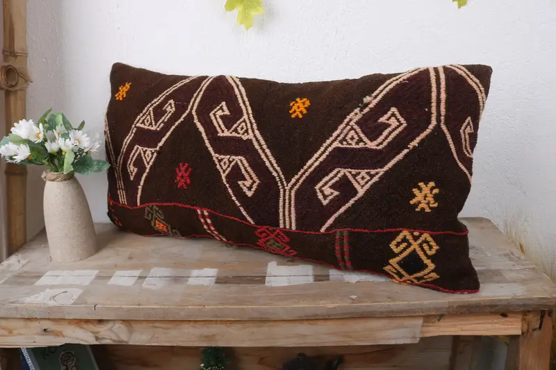 Handmade Kilim Cushion, Antique Pillows, Cushion Case, 12x24 Brown Cushion, Pillow for Couch, Seat Pillow Cover, Ikat Pillow Case - 4