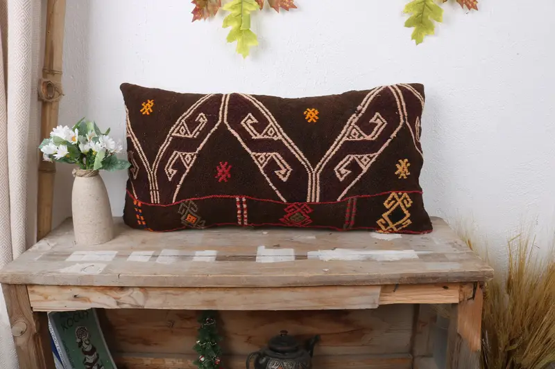 Handmade Kilim Cushion, Antique Pillows, Cushion Case, 12x24 Brown Cushion, Pillow for Couch, Seat Pillow Cover, Ikat Pillow Case - 1