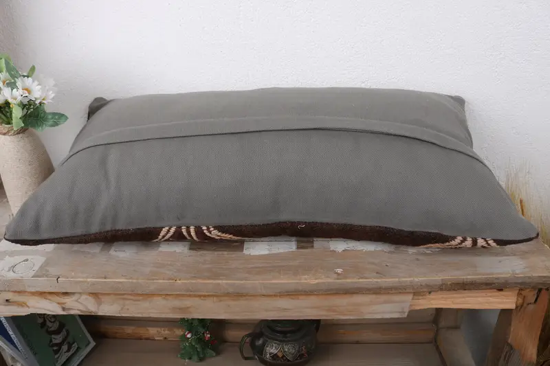 Handmade Kilim Cushion, Antique Pillows, Cushion Case, 12x24 Brown Cushion, Pillow for Couch, Seat Pillow Cover, Ikat Pillow Case - 7