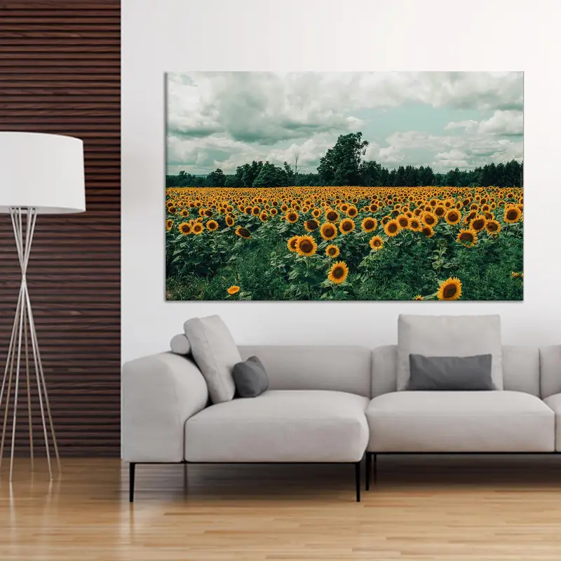 Moderner Sonnenblumenfeld-Landschafts-Leinwanddruck für trendige Küchendekoration