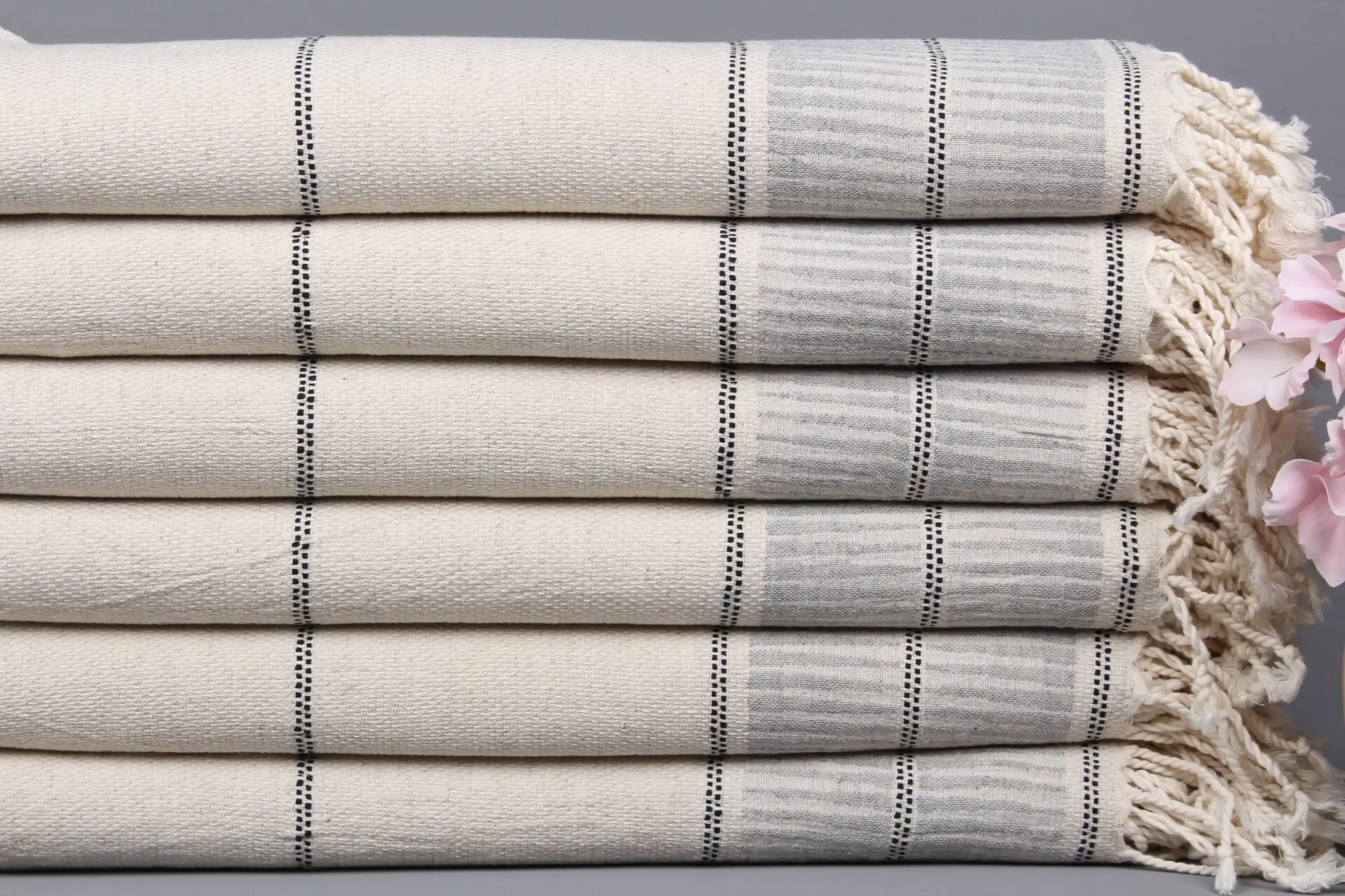 Turkish Beach Towel Embroidered Organic Cotton, Light Gray Stripes, 40x71 Inches - 1
