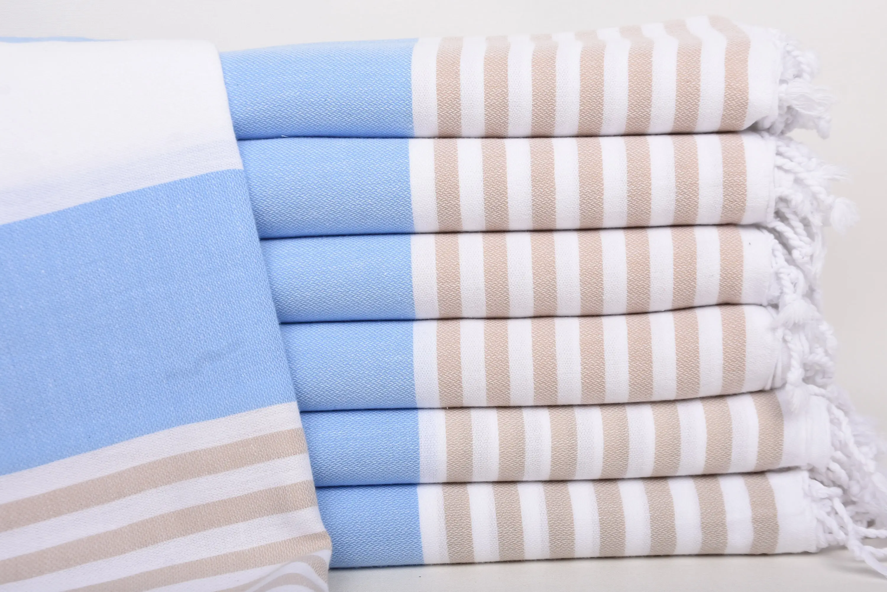 Handmade Turkish Organic Cotton Blue-Beige Striped Towel, 70x40 Inches - 1