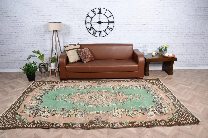 5.8x9.8 ft Oushak Türk Halısı, Yeşil Çiçekli Vintage Halı Yün - 1