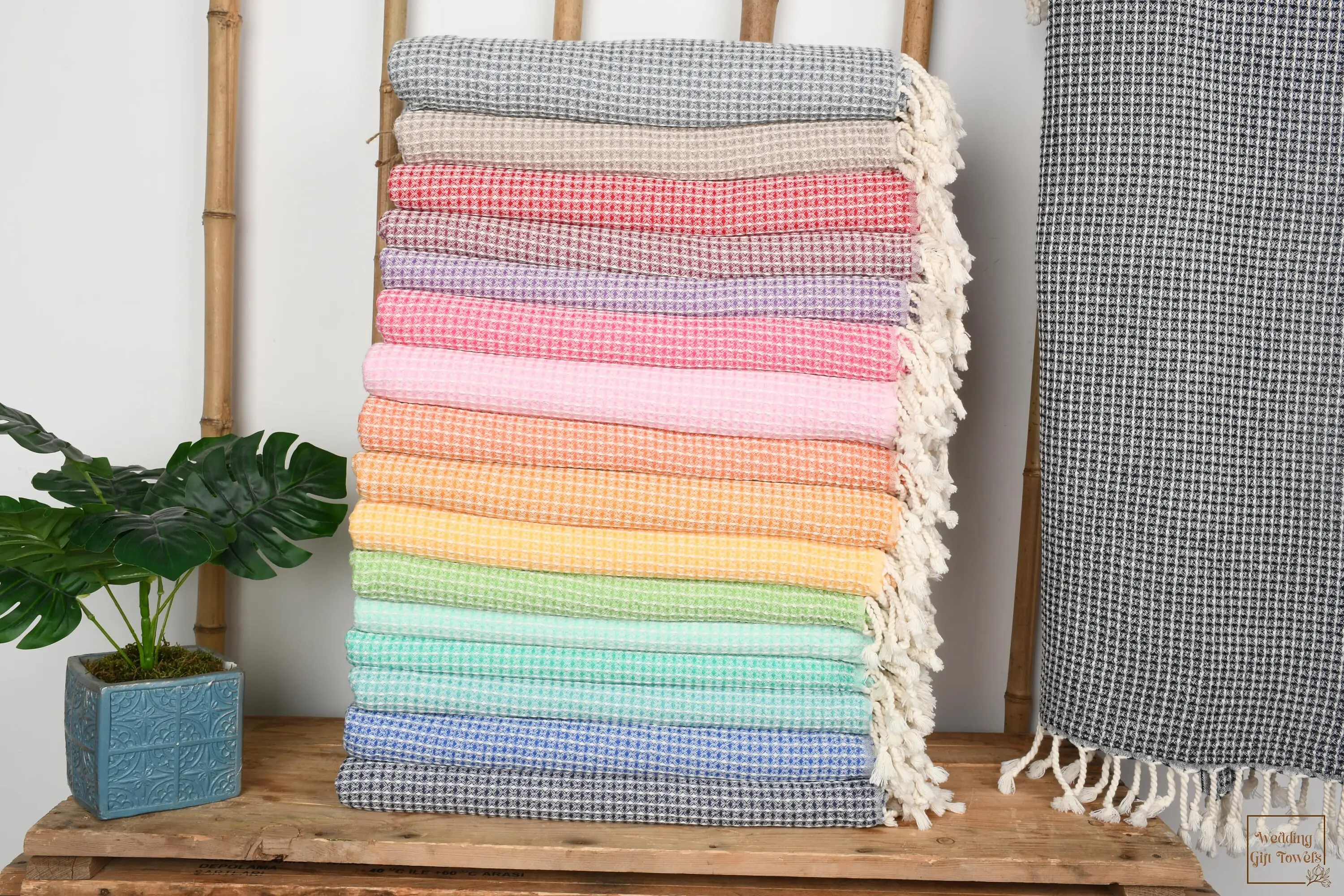 Personalized Turkish Cotton Waffle Towel Beige, Beach Towel 67x36 Inches - 1