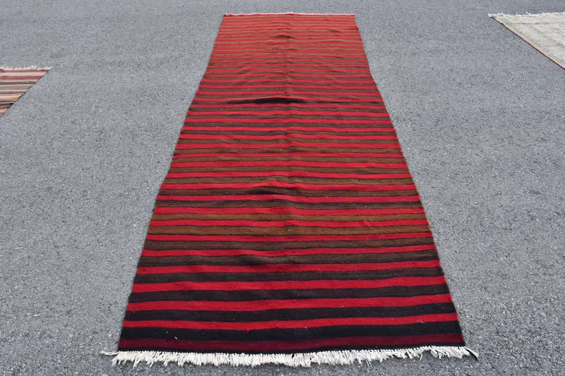 Vintage Turkish Runner Rug 4.3x12.1 ft, Red Black Floral Rug - 1