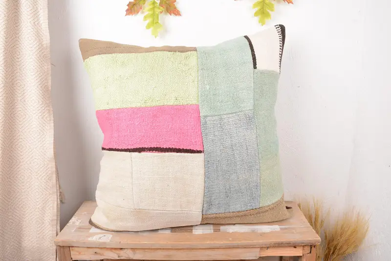 Beige & Pink Patchwork Throw Pillow, 28x28 Embroidered Vintage Pillow