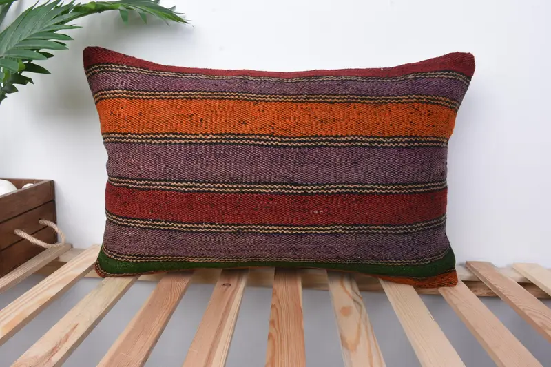 Red and Orange Striped Pillow, 16x24 Embroidered Throw Pillow