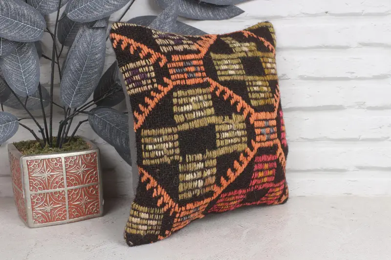 Vintage Kilim Pillow, Traditional Cushion, 12x12 Orange Pillow Sham, Ethnic Pillow Case, Boho Pillow, Pillow Cover, Pillow for Couch - 3