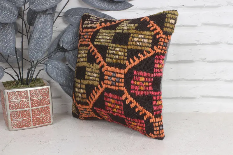 Vintage Kilim Pillow, Traditional Cushion, 12x12 Orange Pillow Sham, Ethnic Pillow Case, Boho Pillow, Pillow Cover, Pillow for Couch - 4