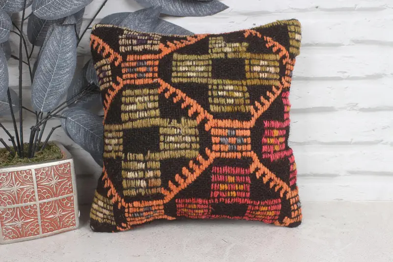 Vintage Kilim Pillow, Traditional Cushion, 12x12 Orange Pillow Sham, Ethnic Pillow Case, Boho Pillow, Pillow Cover, Pillow for Couch - 1