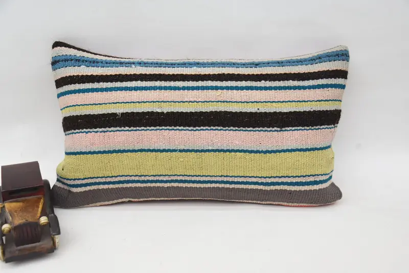 Striped Blue Turkish Pillow Case, Antique 12x20 inch Wool Euro Sham - 1