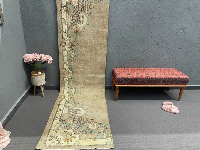 Vintage 2,8x10,3 ft Teppich, türkischer Läuferteppich, braun grün gestreifter Wollteppich - 1