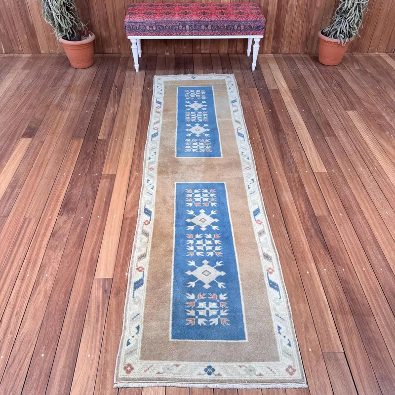 Vintage Turkish Runner Rug 2.4x9.1 ft (74x276 cm), Blue Plants & trees Oushak Rug - 1