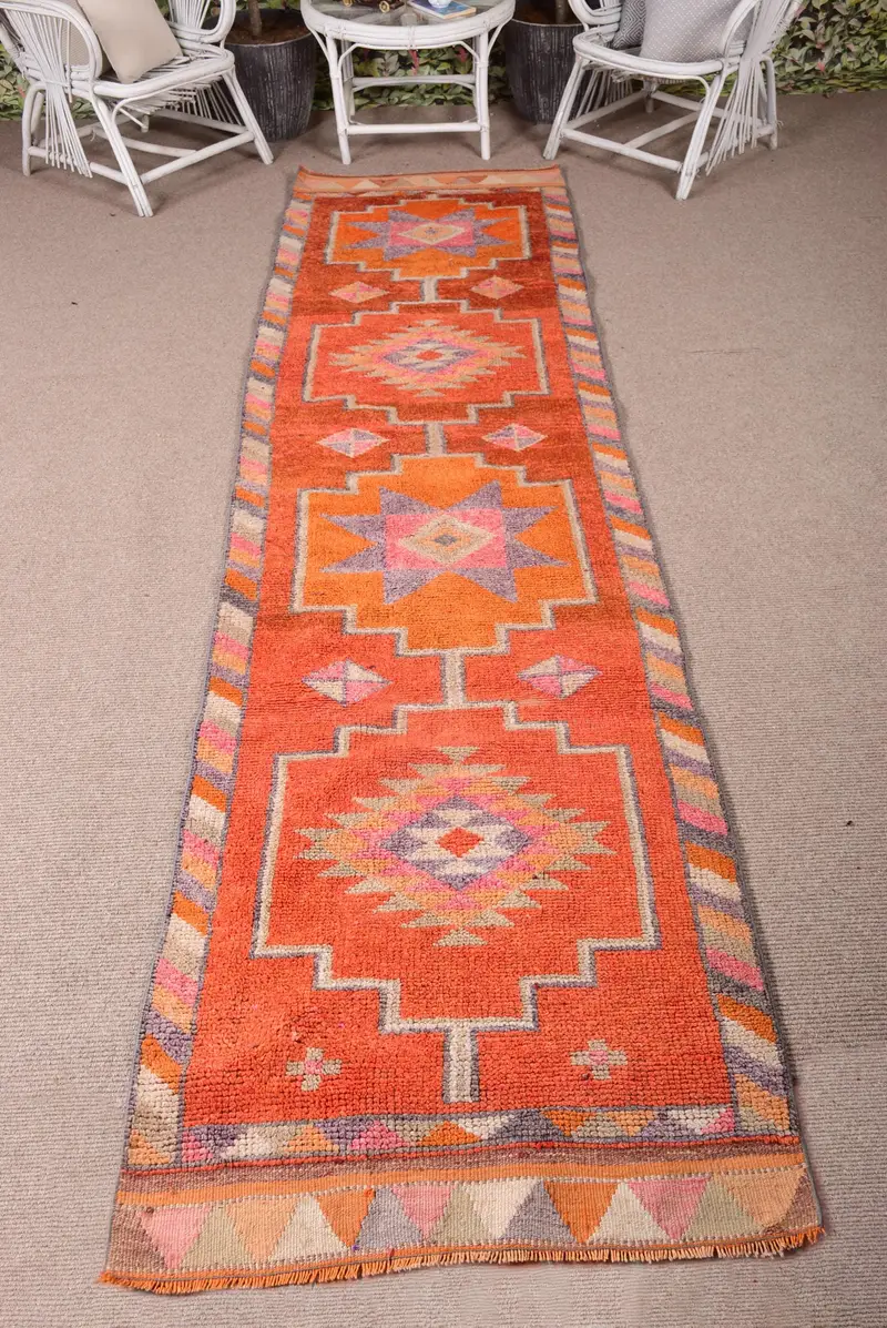 3x11.6 ft Vintage Turkish Rug, Runner Rug, Orange Pink Southwestern Wool Rug - 1