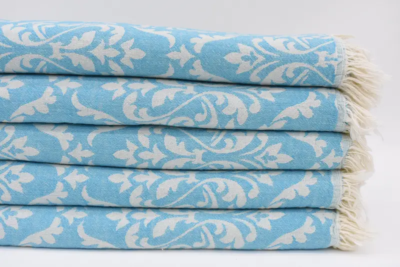 Personalized Turkish Beach Towel Embroidered Blue Baroque, 67x36 Inches