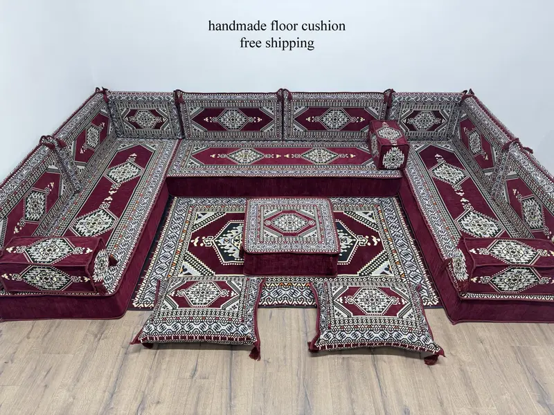 Victorian Red & Beige Ottoman, Modular Kilim-Inspired Seating