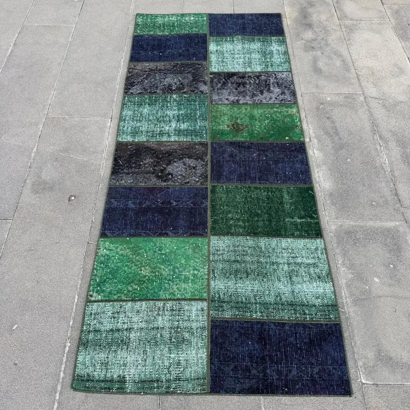 Alfombra abstracta verde y azul, decoración elegante de 2,8x6,6 pies