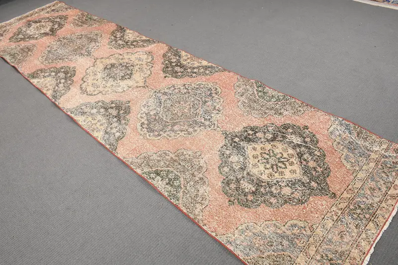 Vintage Runner Rug 3.3x13 ft, Turkish Oushak Red Plants & trees Wool Rug - 1