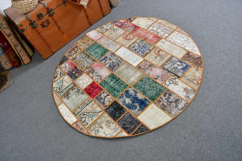 Türkischer runder Teppich 4,5 x 4,5 Fuß (136 x 136 cm), blauer Vintage-Ikat-Teppich