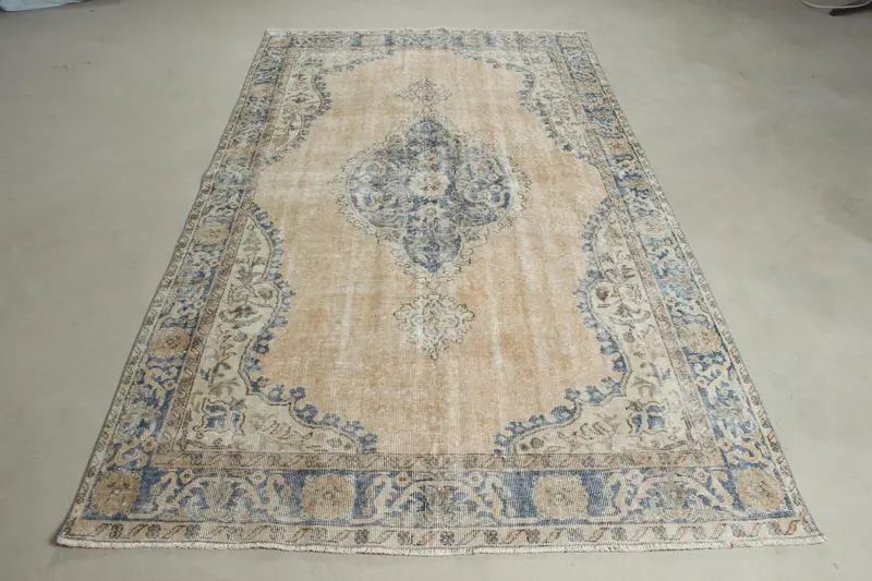 Vintage Türk Büyük Halı 5,2x8,9 ft (158x271 cm), Mavi Kareli Oushak Halı - 1