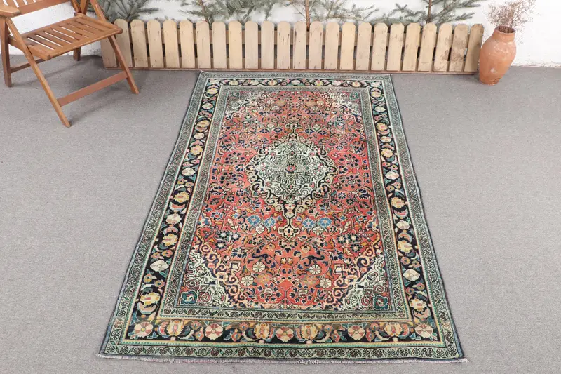 ハンドメイド オレンジ & ブルー ラグ、4.3x7 フィート 花柄 & 幾何学模様