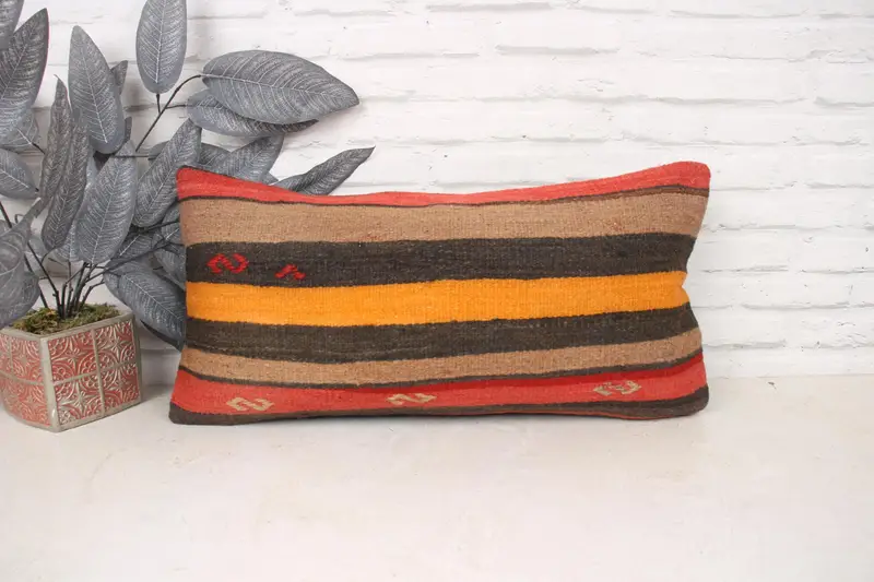 Ethnic Pillow Cover Cushion Case, Home Decor Pillow, 12x24 Orange Pillow, Vintage Kilim Pillow, Throw Kilim Pillow, Pet Cushion Cover, Pillow Case - 1