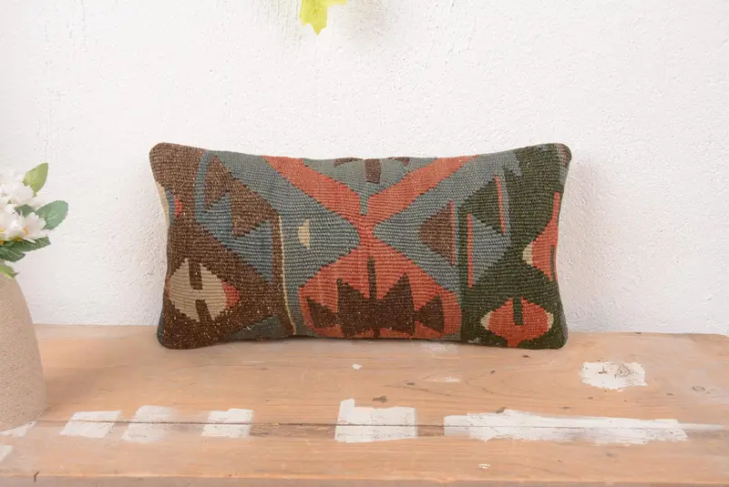 Blue & Red Embroidered Throw Pillow, Handmade Geometric Cushion