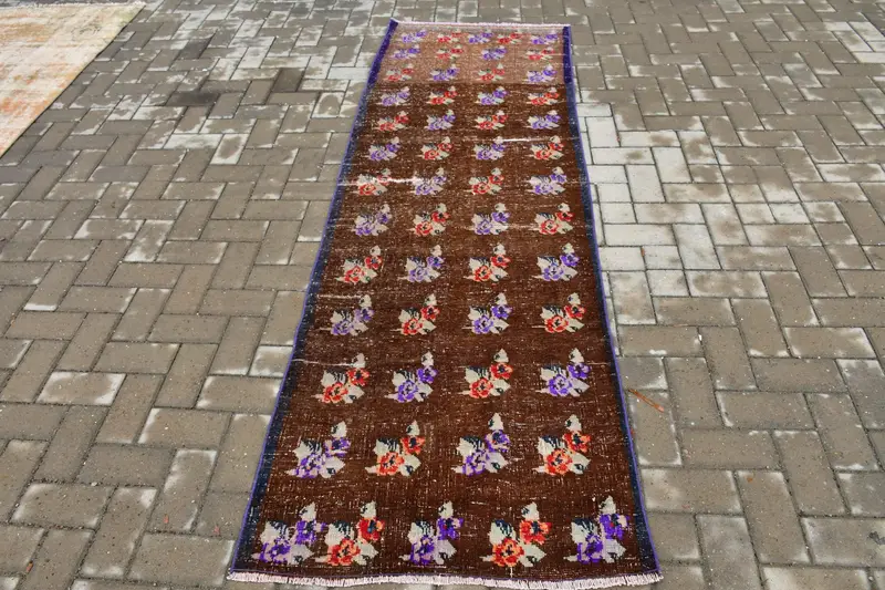 Vintage 2.7x8.1 ft Halı, Runner Türk Halısı, Kahverengi Çiçekli Yün Halı - 1