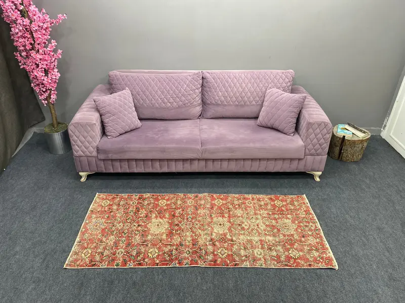 Red Geometric Rug, 2.4x5.9 ft with Floral Motifs