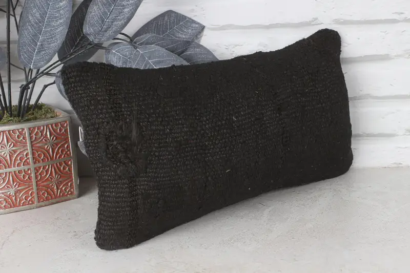 Handmade Throw Cushion, Turkish Pillow, 8x16 Black Cushion Cover, Pillow Case, Antique Pillows, Cozy Throw Pillow Cover, Kilim Pillow Cover - 4