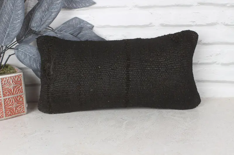Handmade Throw Cushion, Turkish Pillow, 8x16 Black Cushion Cover, Pillow Case, Antique Pillows, Cozy Throw Pillow Cover, Kilim Pillow Cover - 1