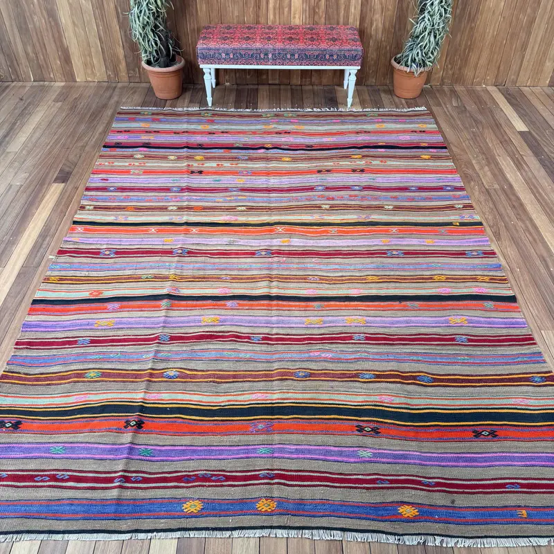 Turkish Vintage Rug, 7.8x10.4 ft Oushak Rug, Blue Red Solid Wool Rug - 1