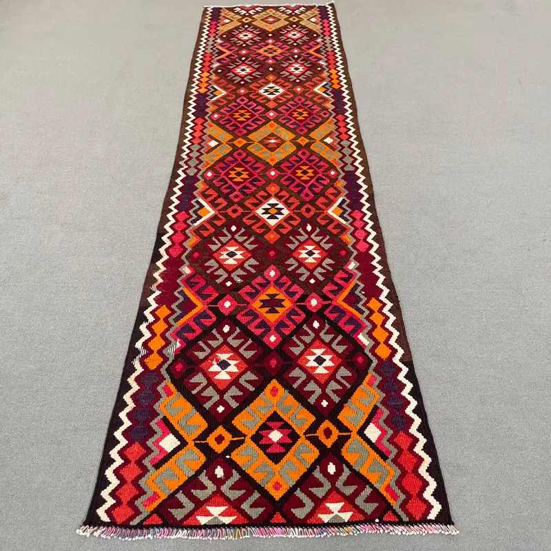 Zarif Kahverengi Oryantal Halı, Pembe Desenli 2,8x10,7 ft