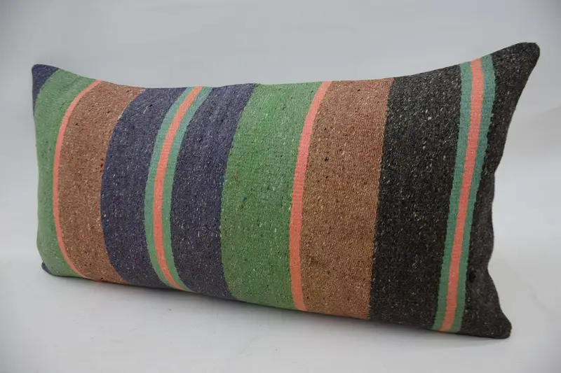 Handmade Kilim Cushion, Boho Throw Cushion Case, Boho Pillow Sham Cover, Kilim Cushion Sham, 12x24 Blue Pillow, Bolster Cushion Case, Cushion Cover - 3